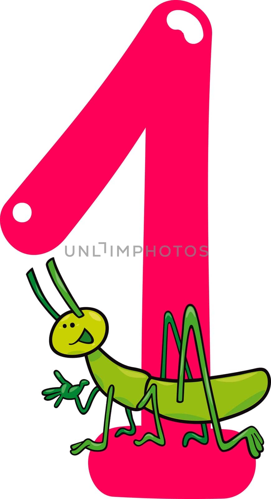 cartoon illustration with number one and grasshopper