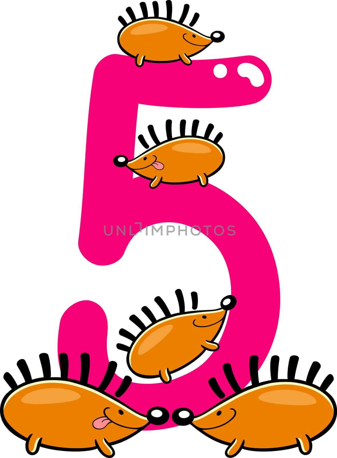 cartoon illustration with number five and hedgehogs