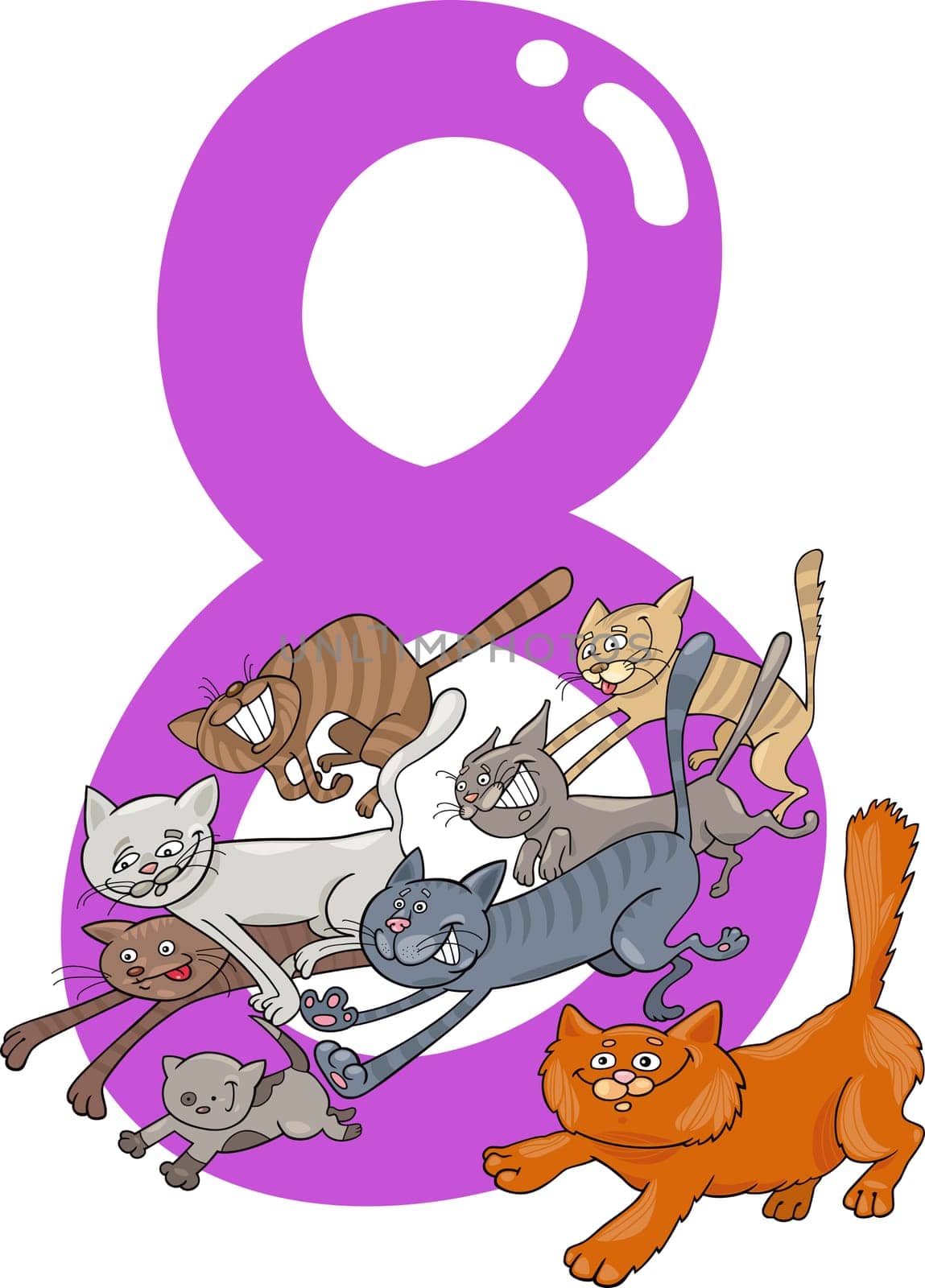 cartoon illustration with number eight and cats