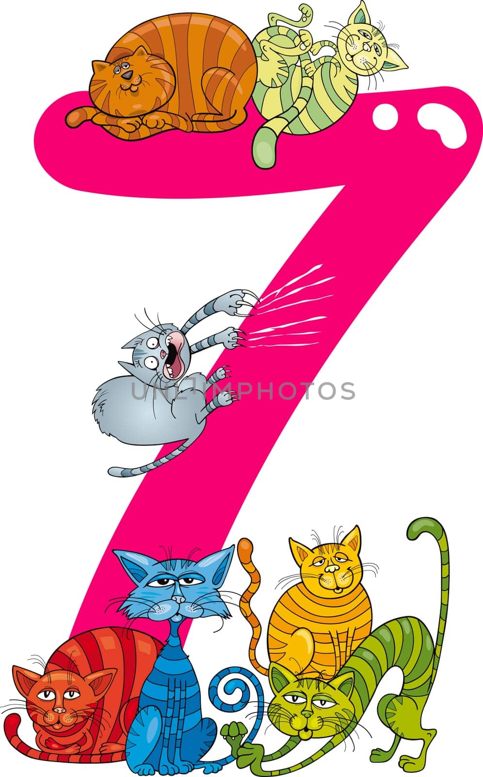 cartoon illustration with number seven and cats