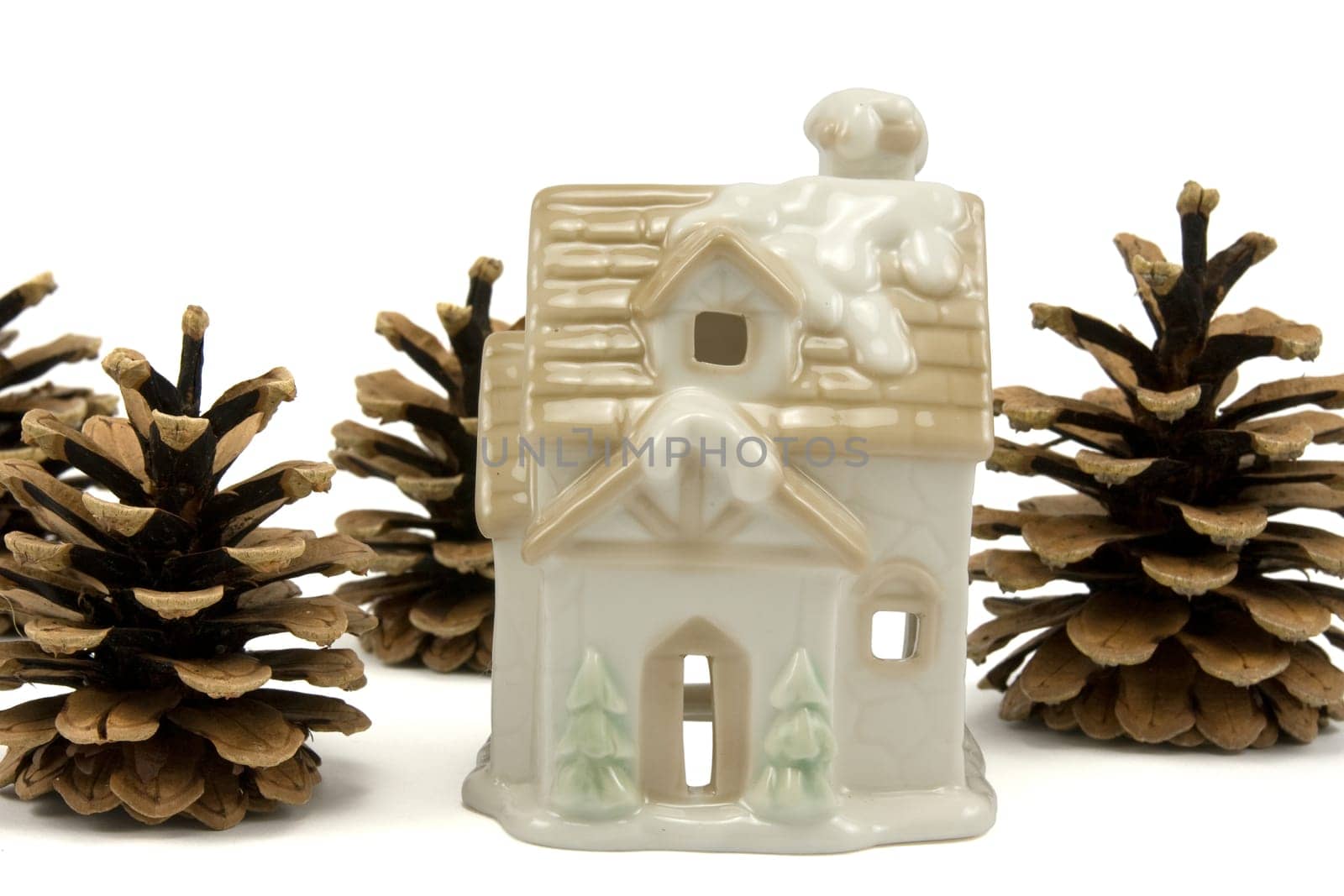 christmas house and pine cones isolated on white
