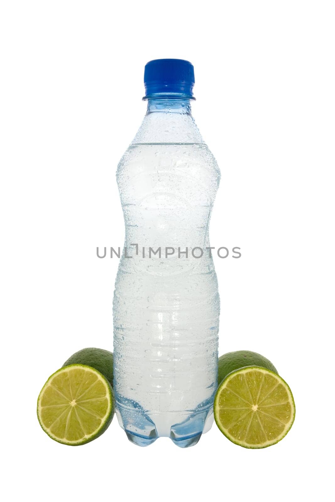 Bottle with mineral water and a green lemons