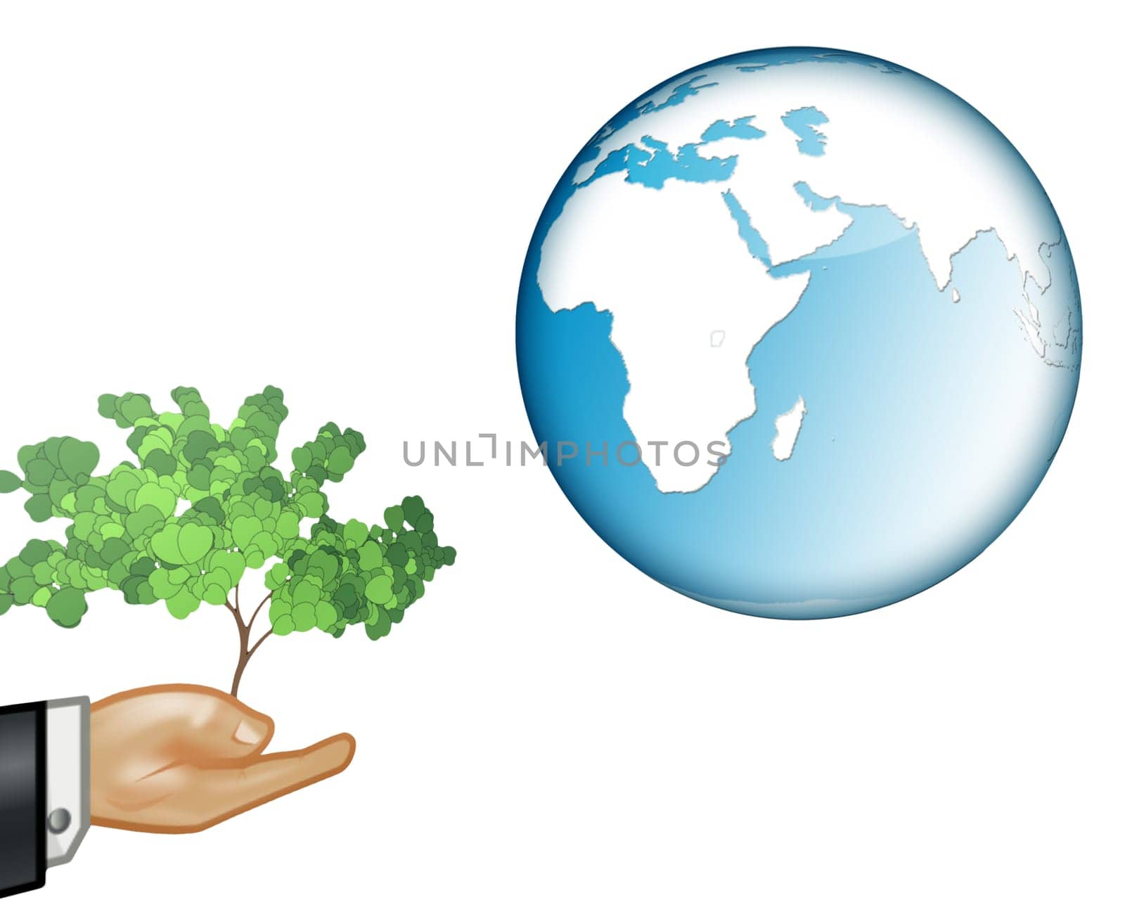 hand holding out a tree to the planet earth