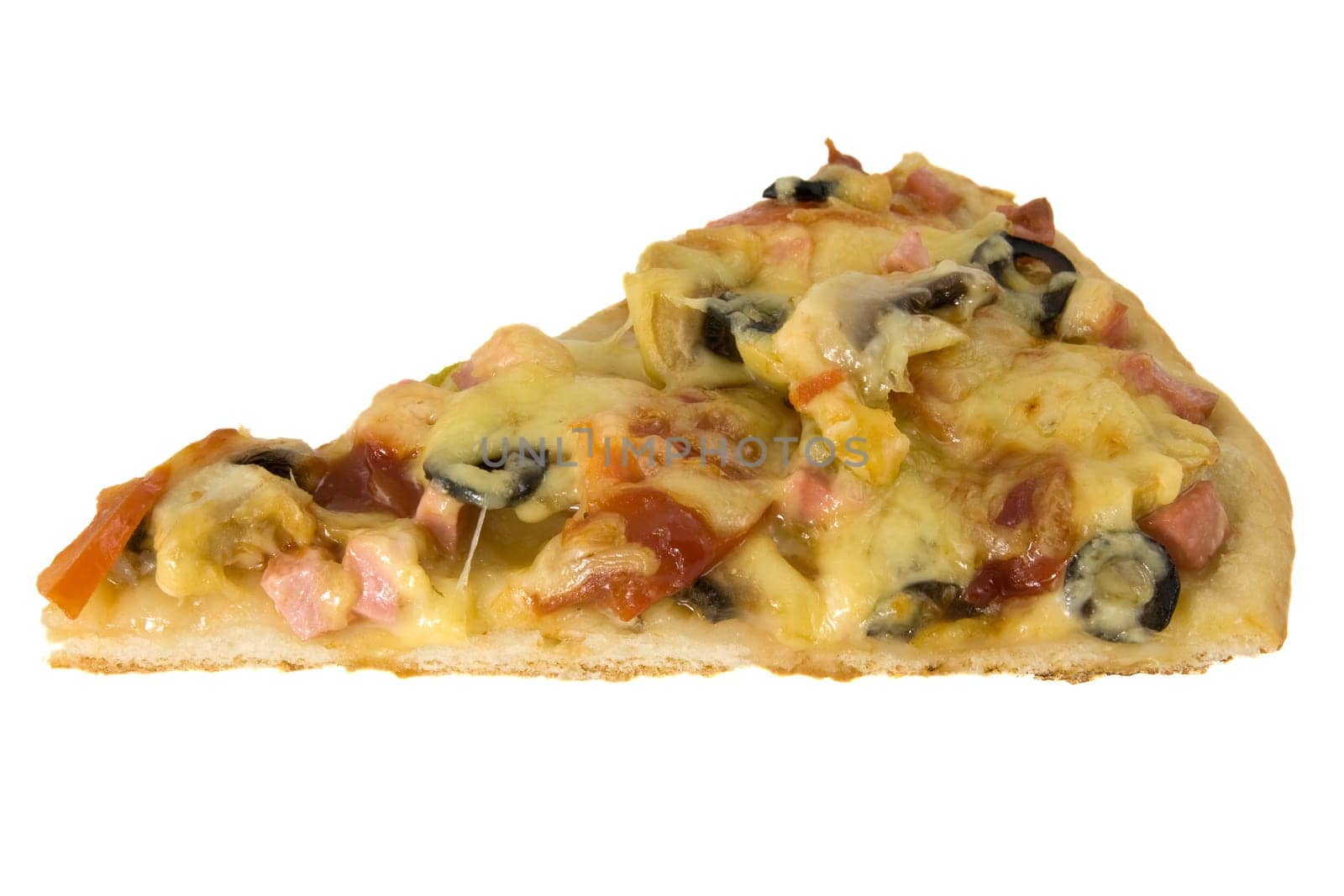 Cut off slice pizza on white background