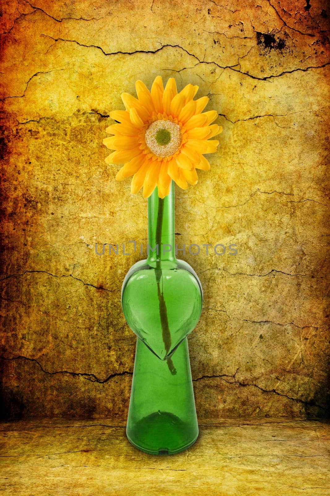 green bottle with flower on grunge background