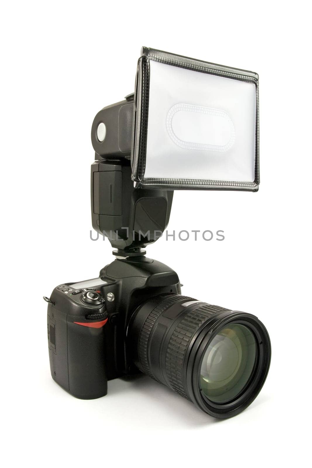 photo camera with flash gun on white background