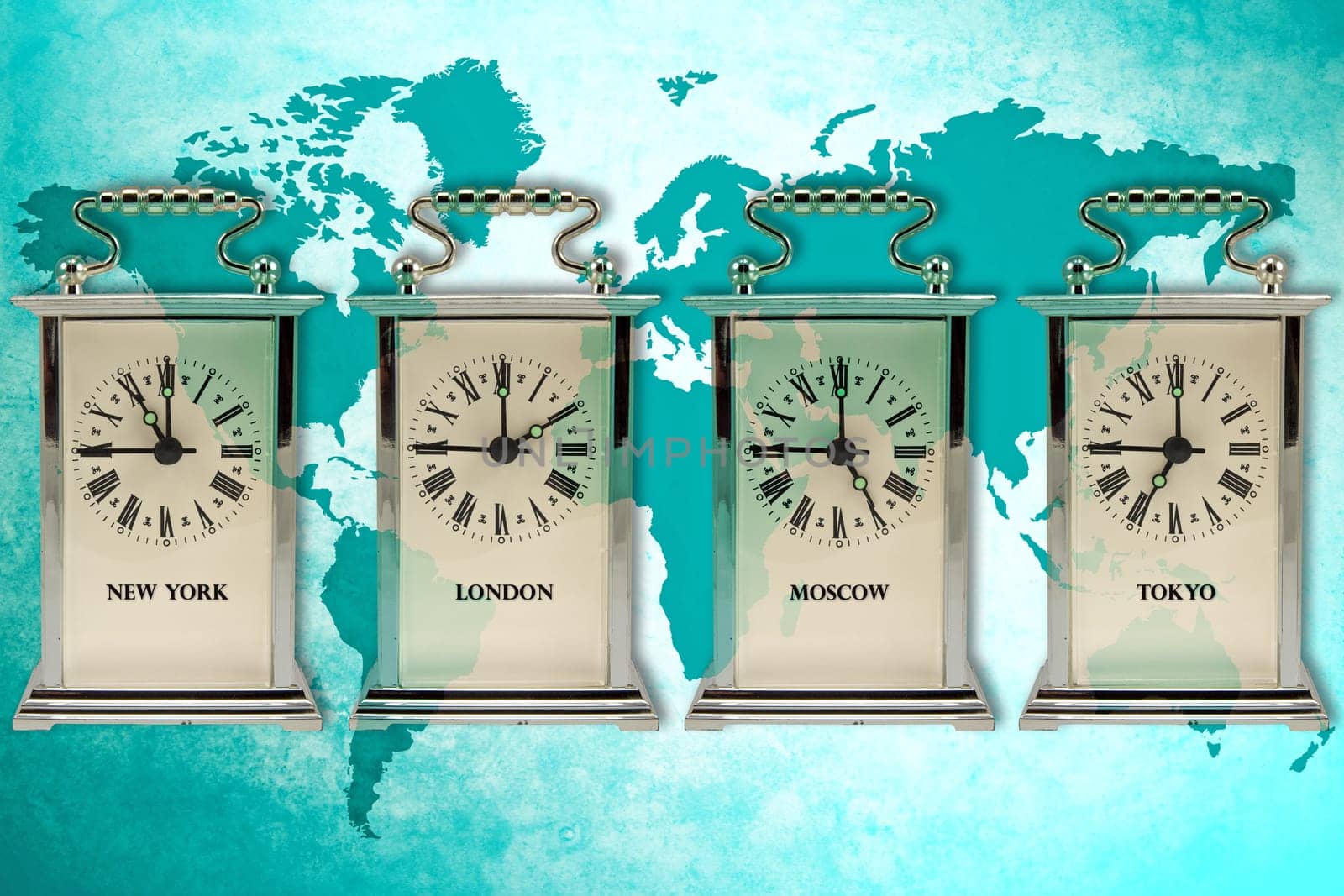 business travel concept. Timezone clocks showing different time