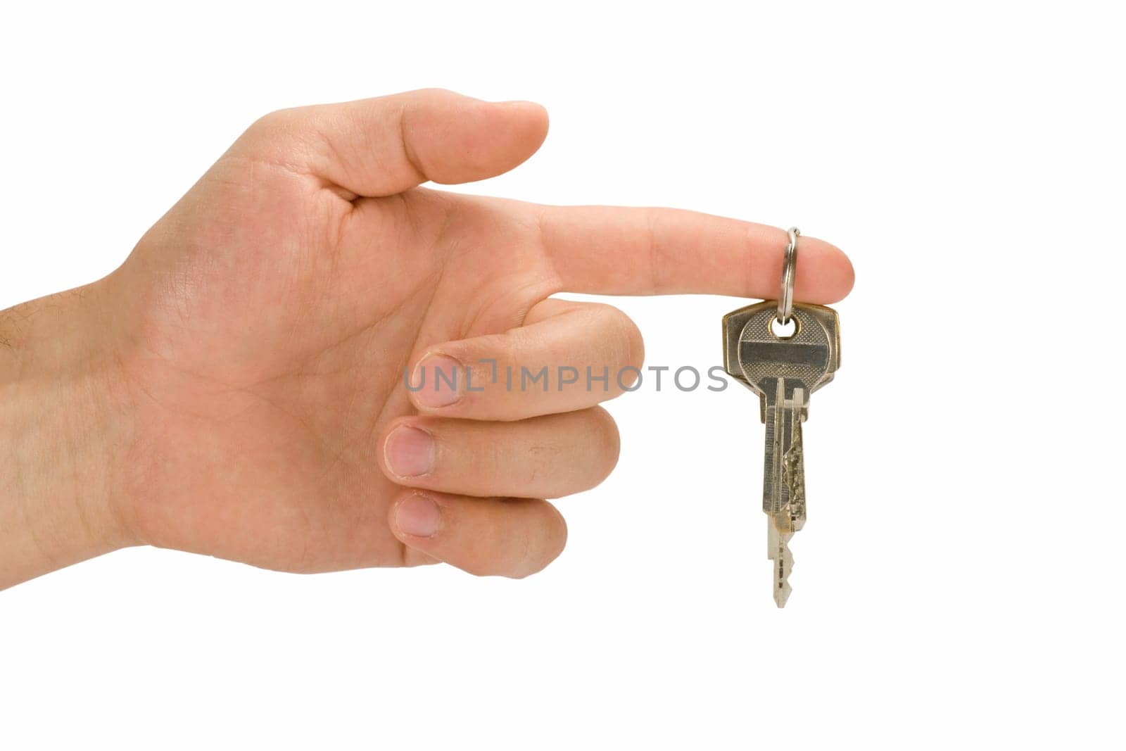 hand with keys on forefinger, over white background