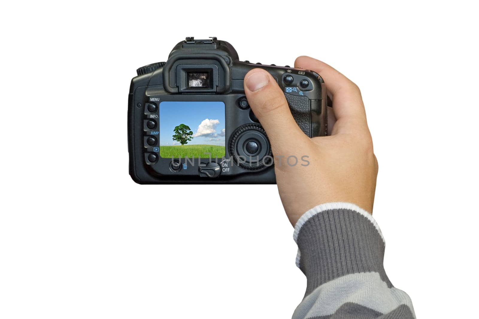 hand with digital photo camera,isolated on white background
