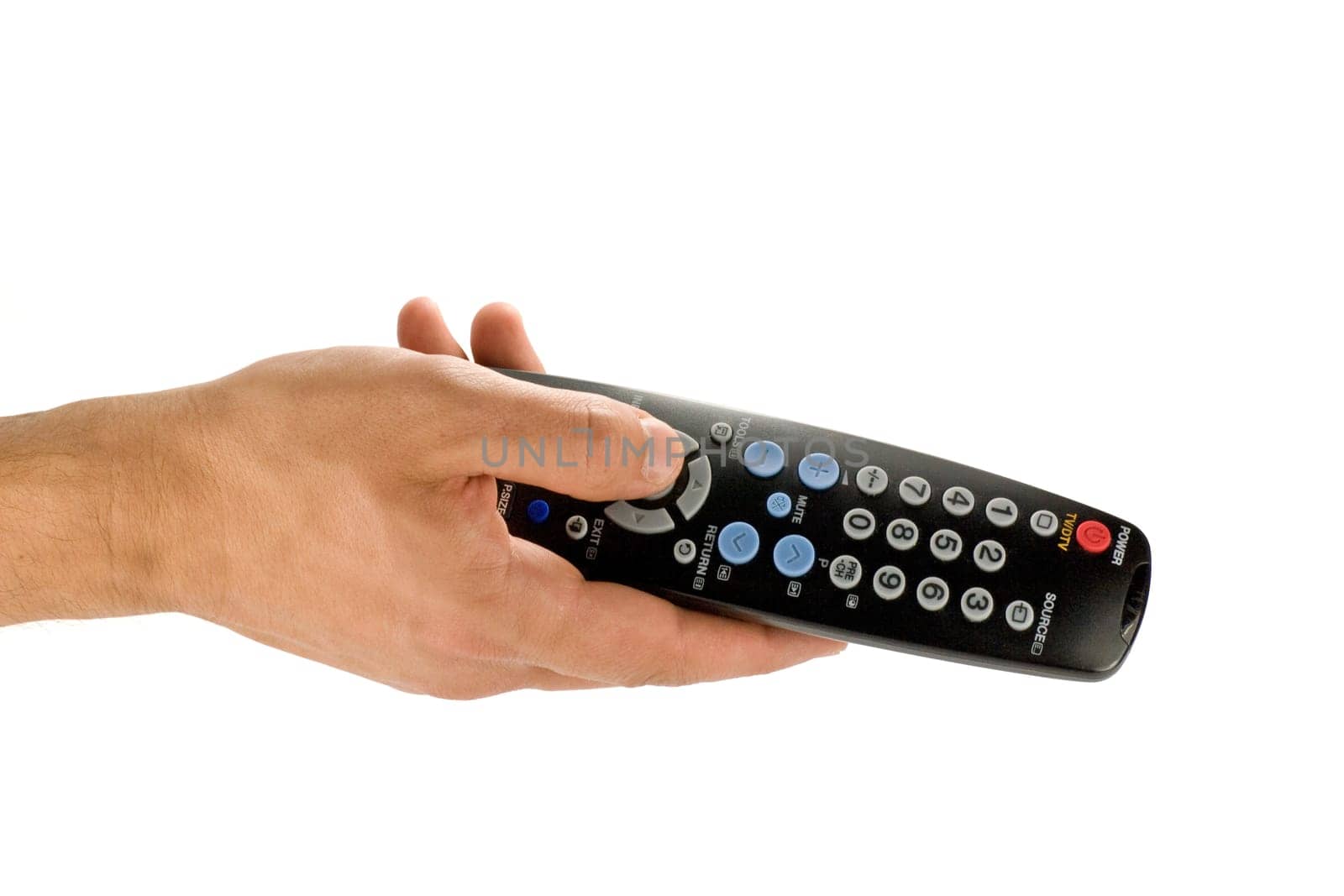 Hand holding TV remote control. Isolated on a white background