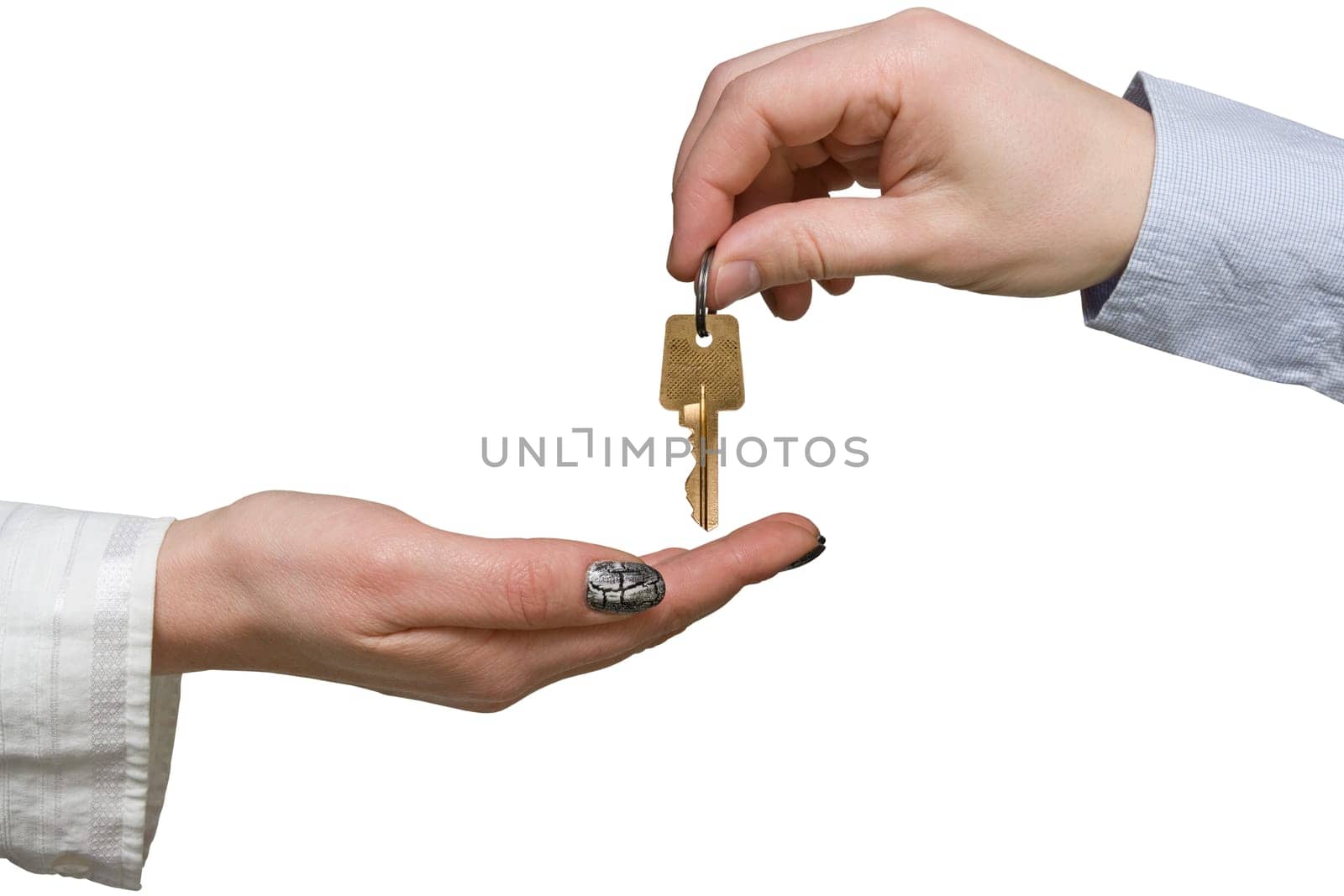 Hand of businessman giving a golden key to another hand. isolated on white.