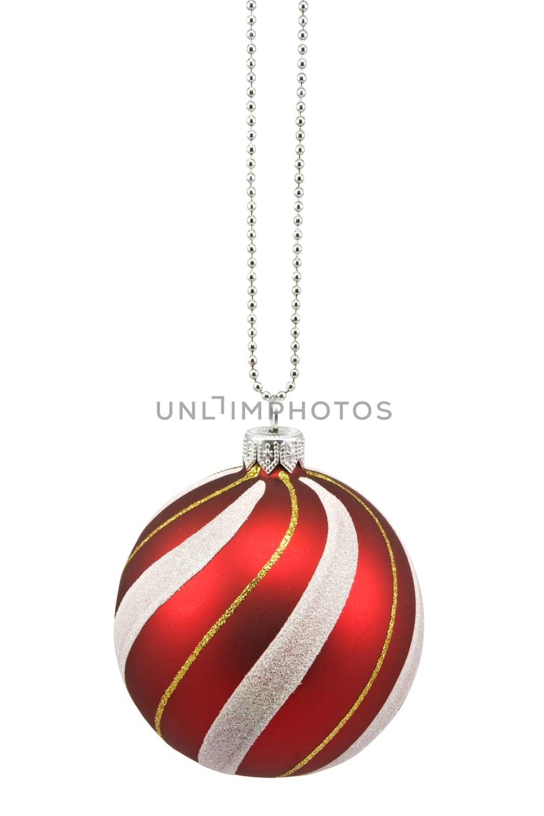 hung striped christmas bauble on white background
