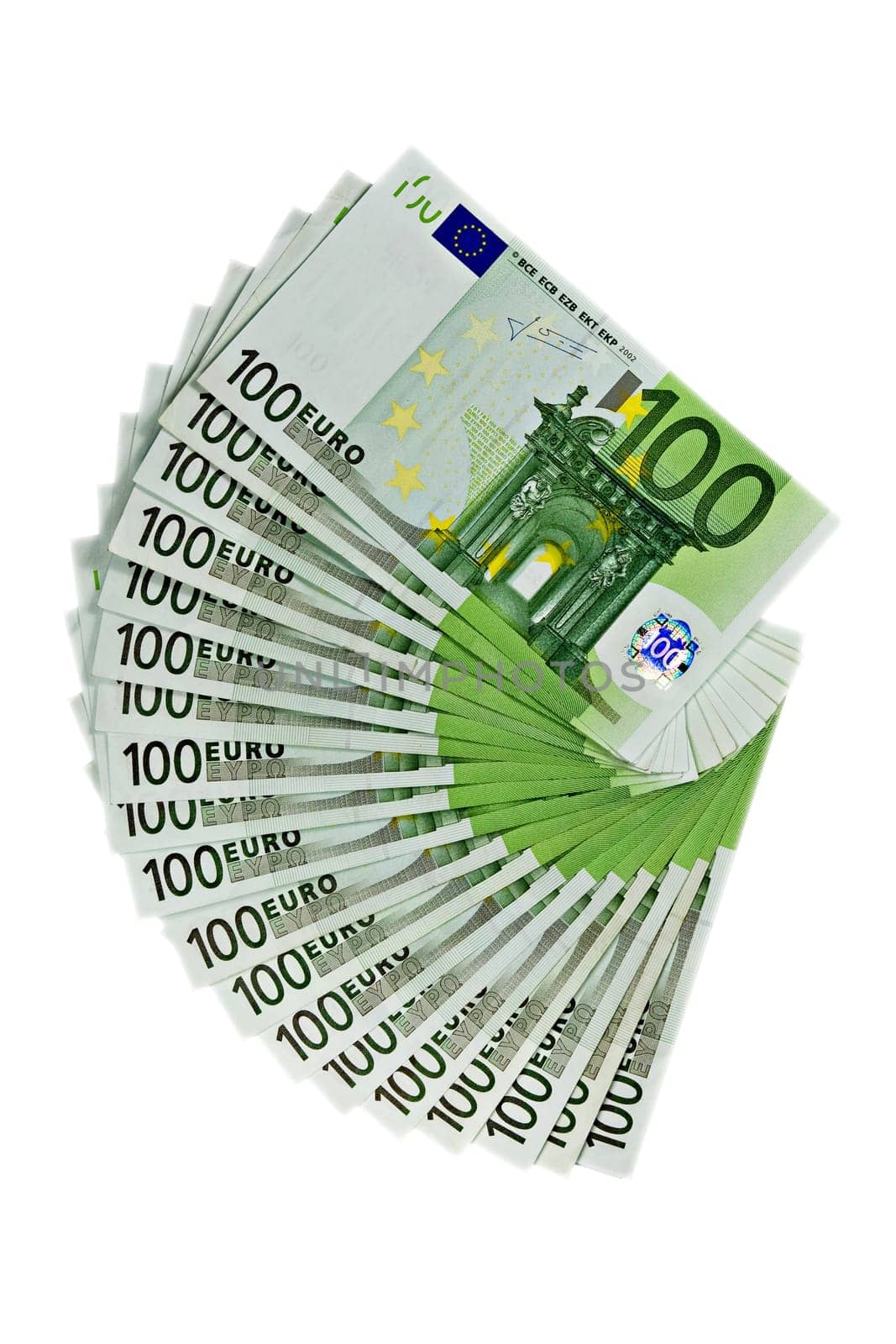 one hundred Euros banknotes on white background