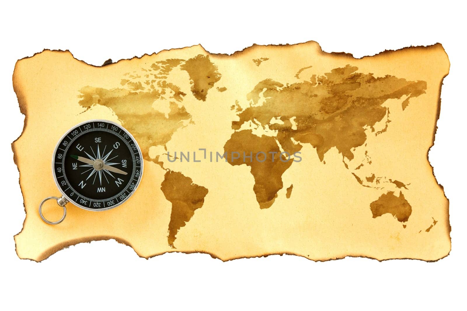 Old map with compass isolated on white background