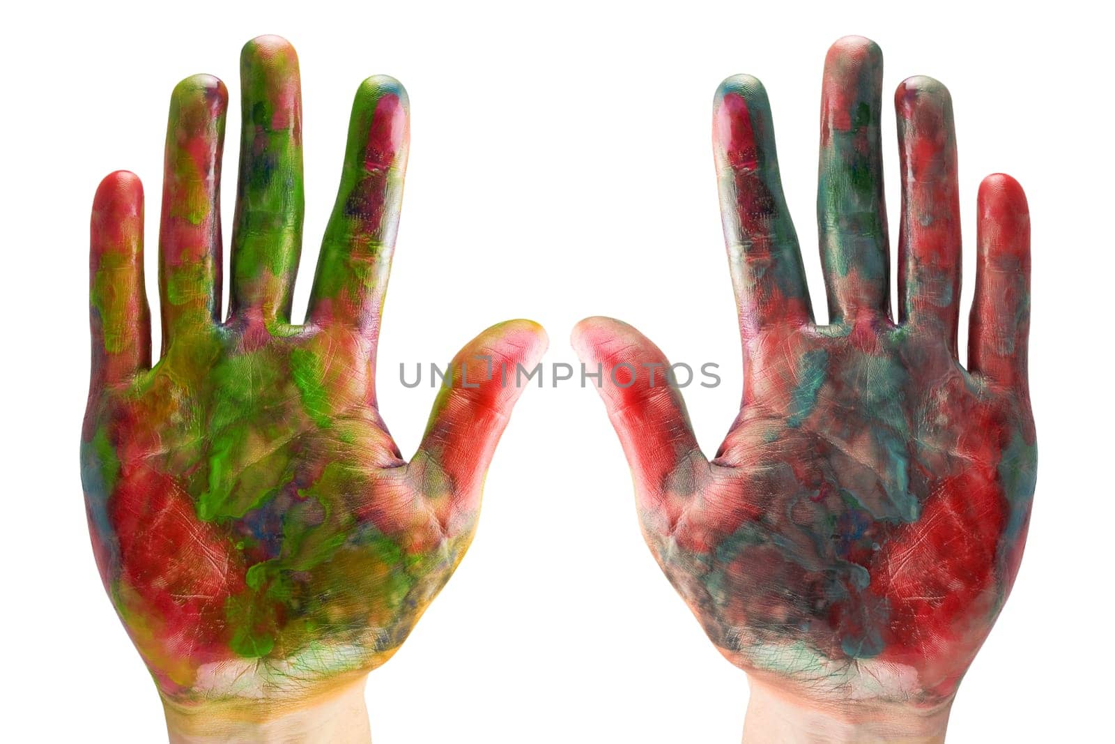 two painted hands isolated on white background