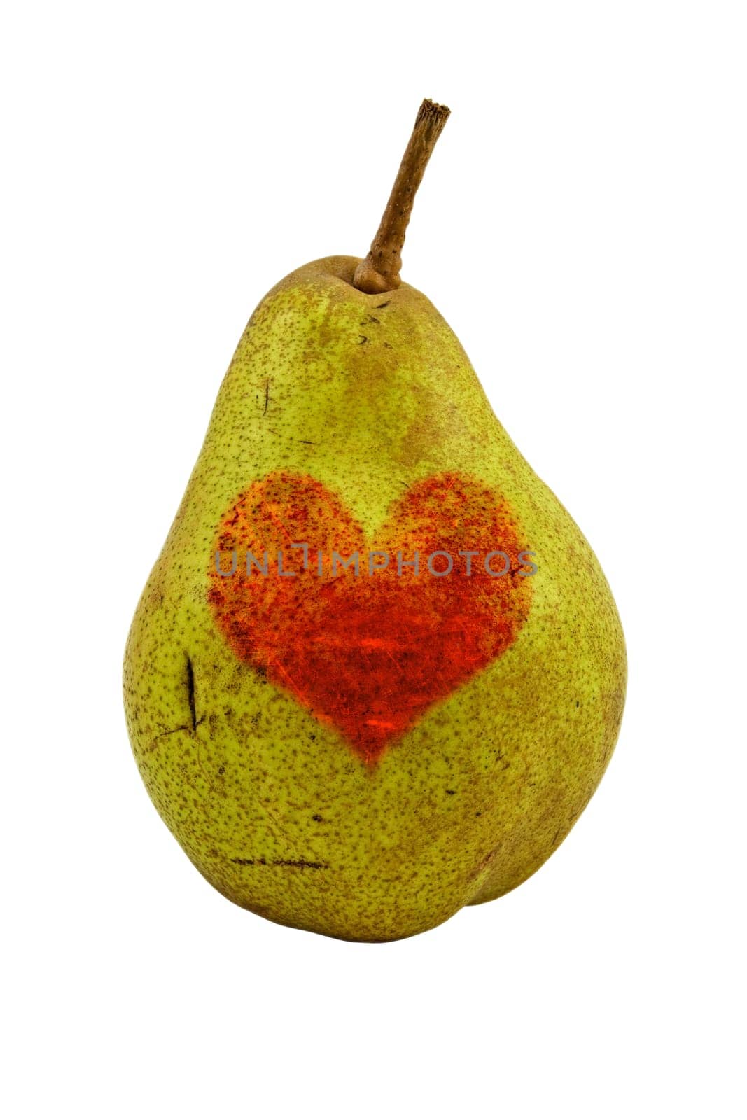 green pear with a red heart shape. Isolated on white