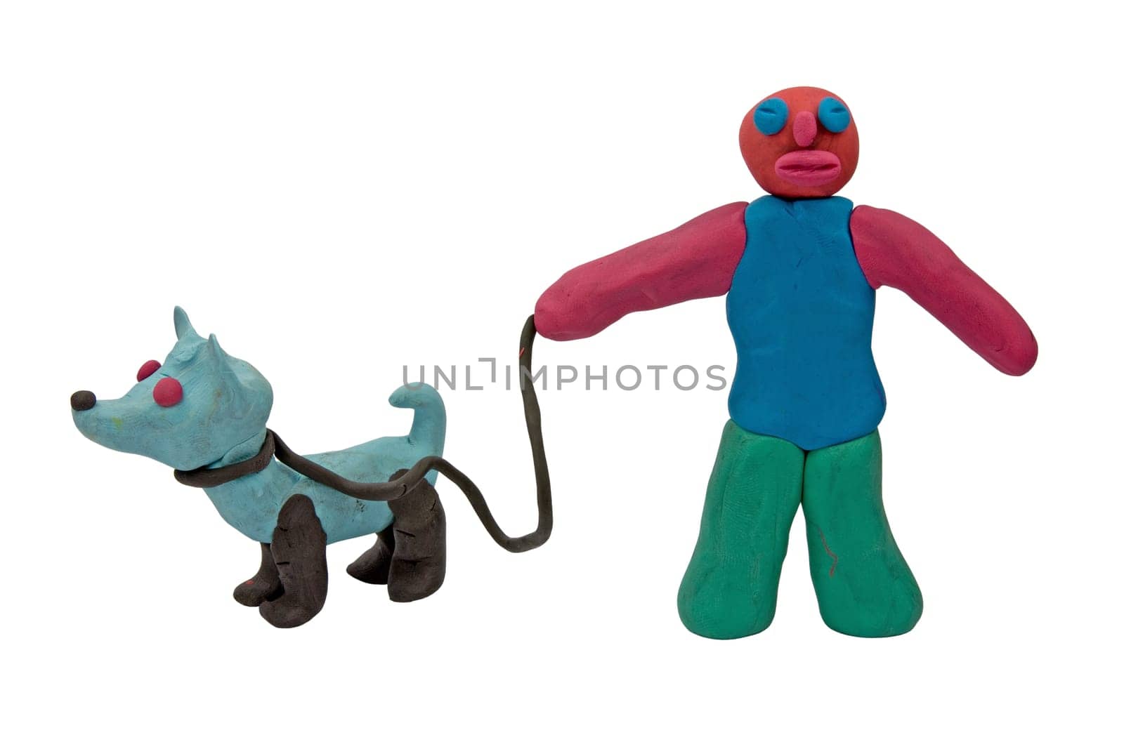 plasticine man with a dog. isolated on white