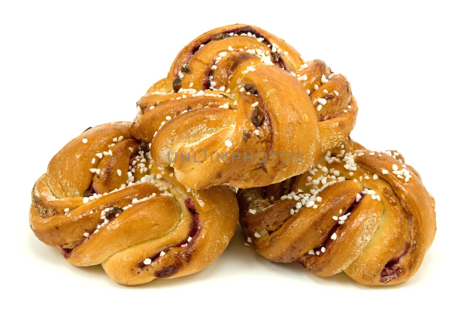 three fresh buns isolated on white background
