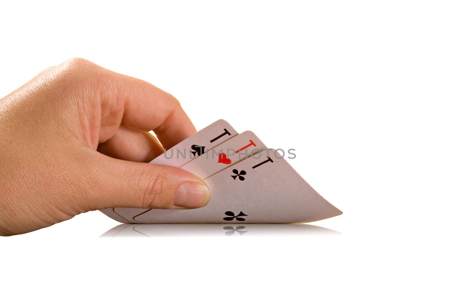human hand holding three playing cards
