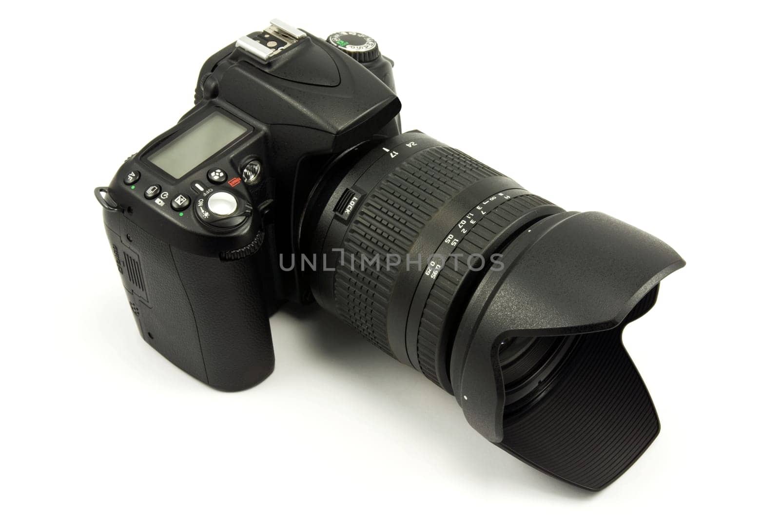 top view of digital photocamera on white background