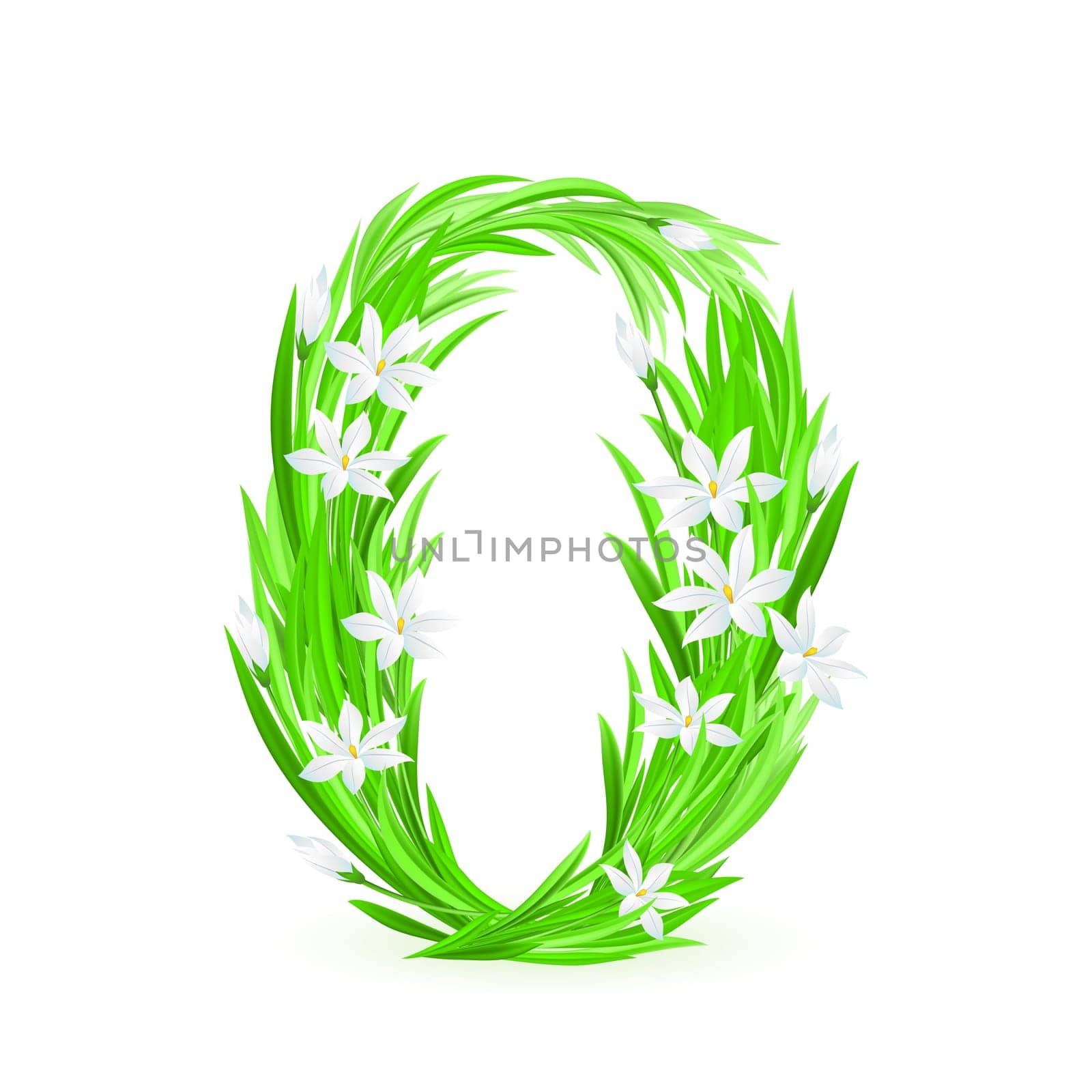 One alphabet symbol of spring flowers  - digit zero. Illustration on white background