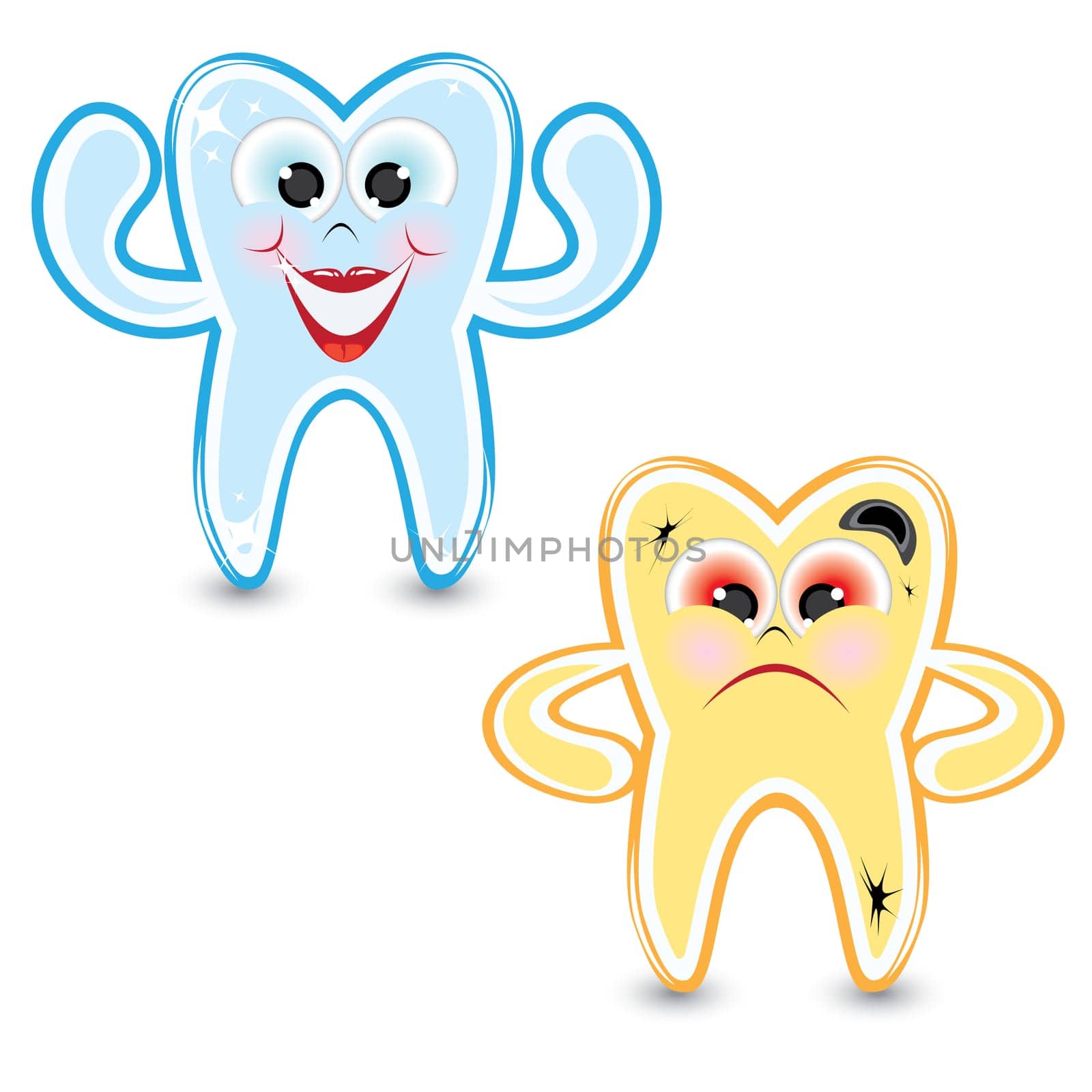 Cartoon healthy and diseased tooth. Illustration on white background