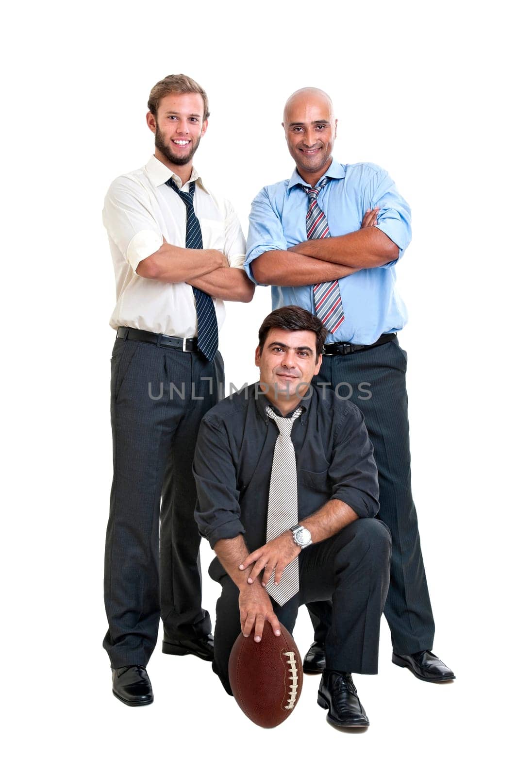 Businessmen team of rugby fans isolated in white