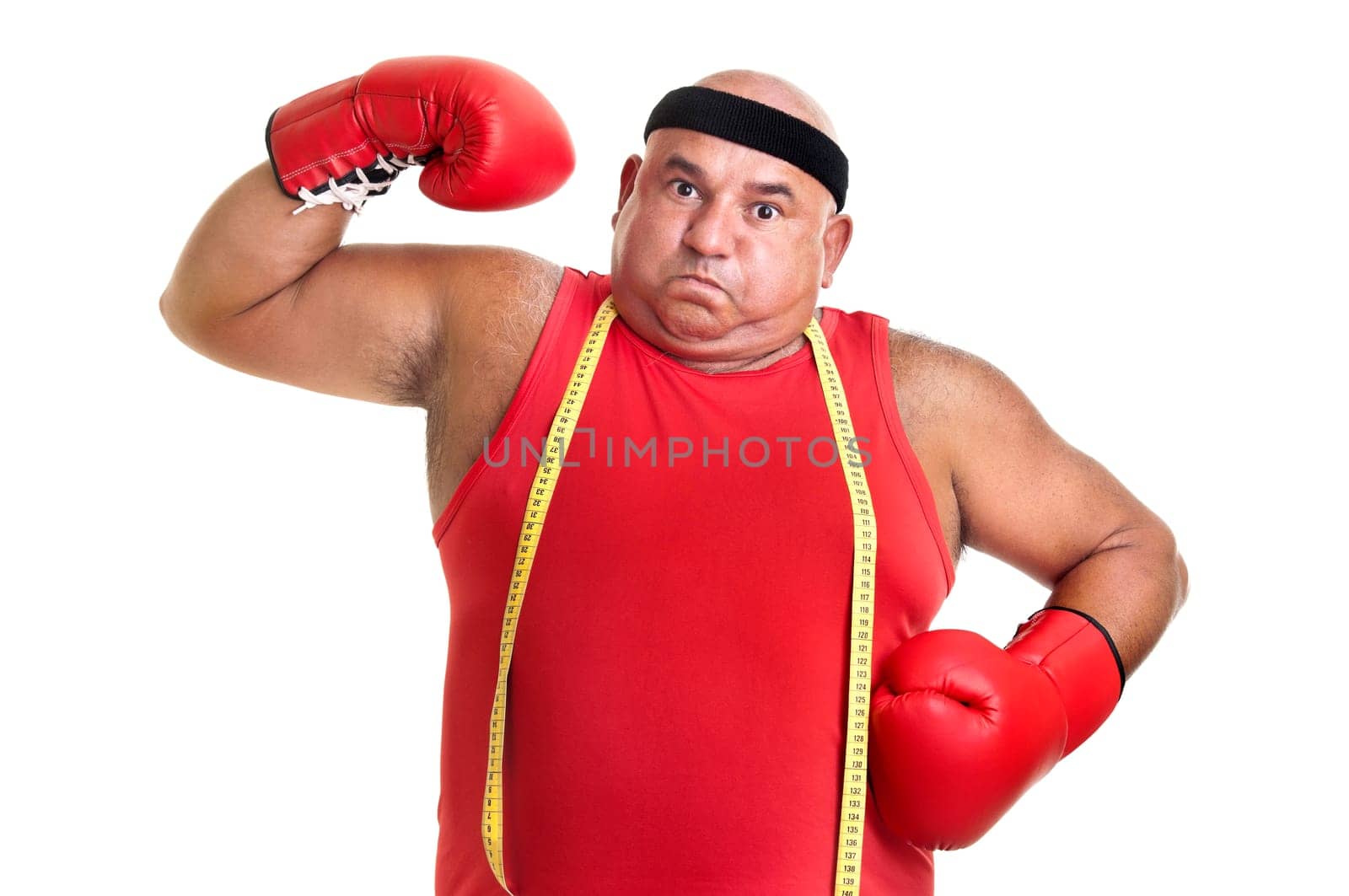 Large man with boxing gloves isolated in white