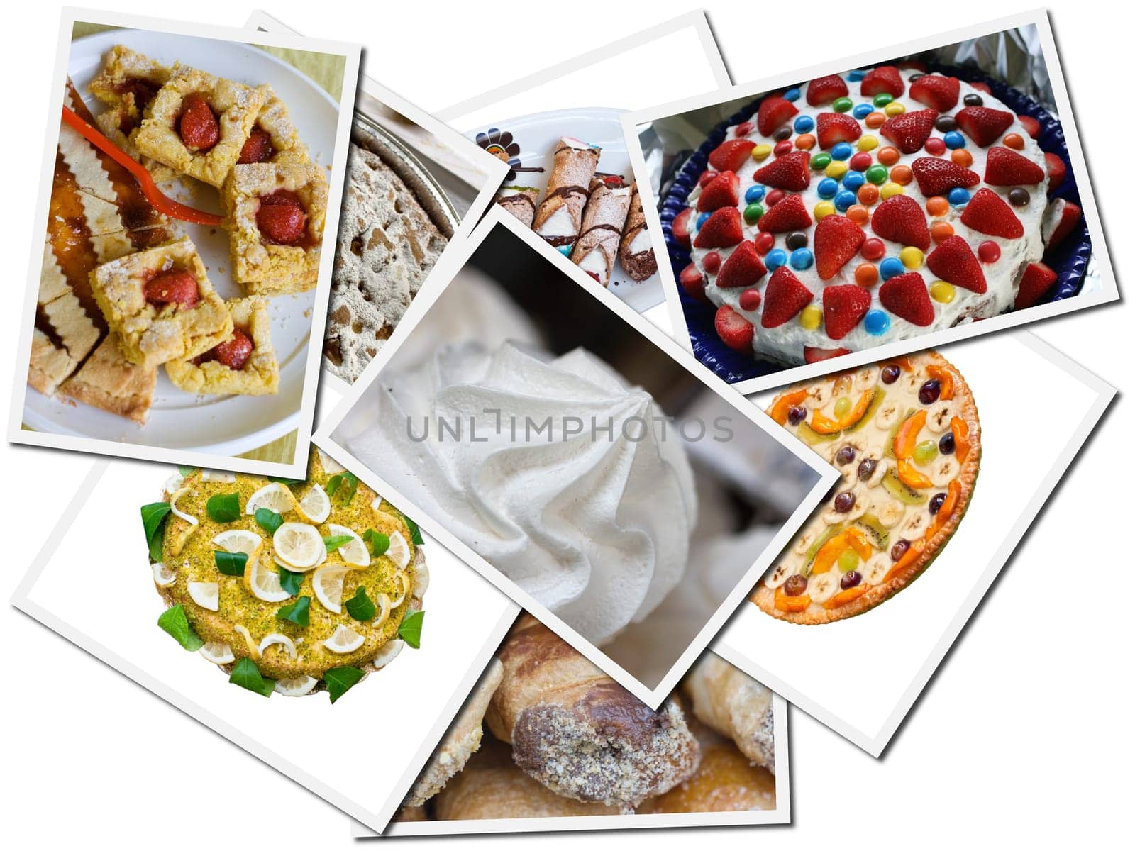 Cake, photo collage on white background