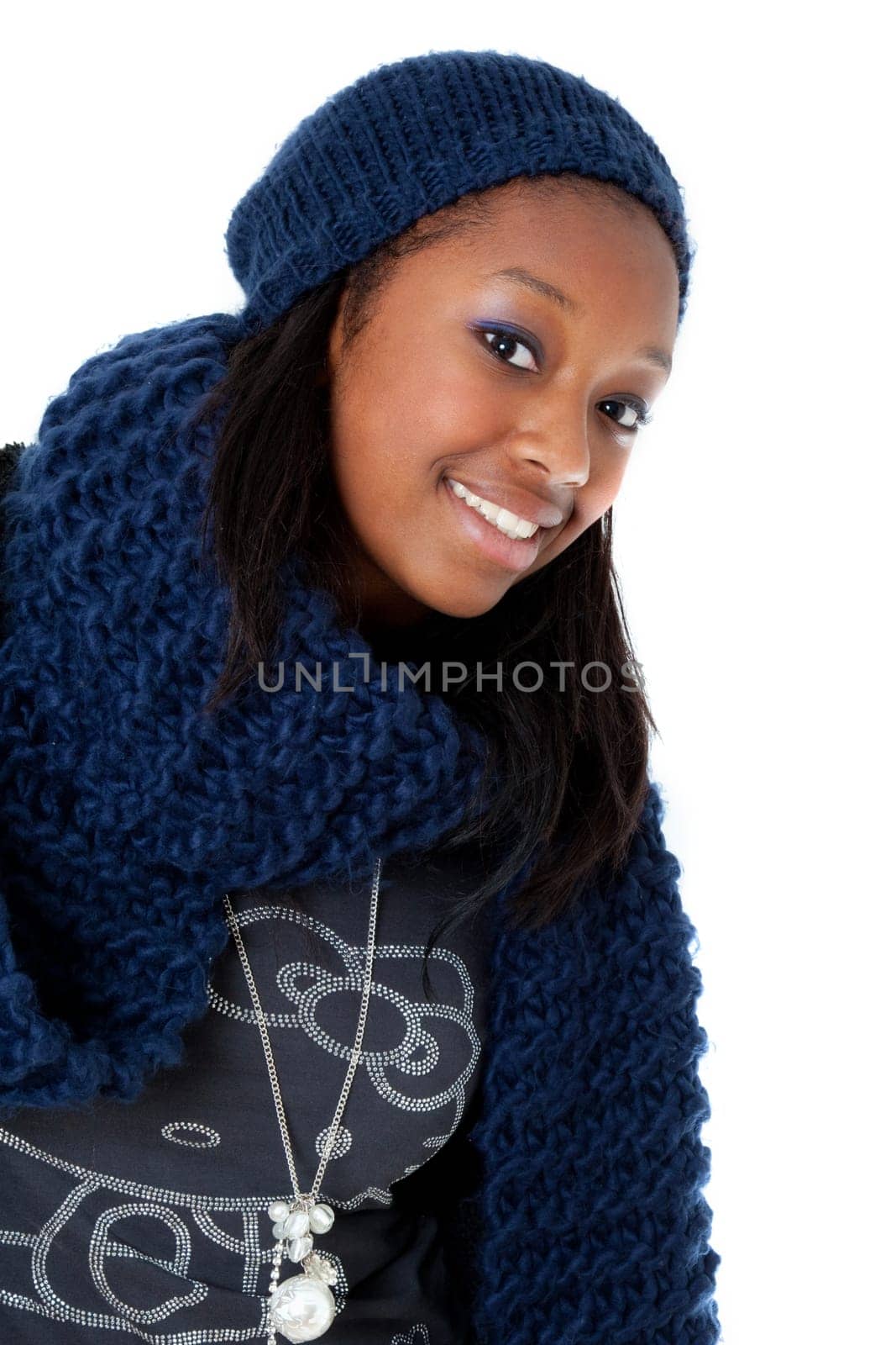 Young african american woman wearing winter dress