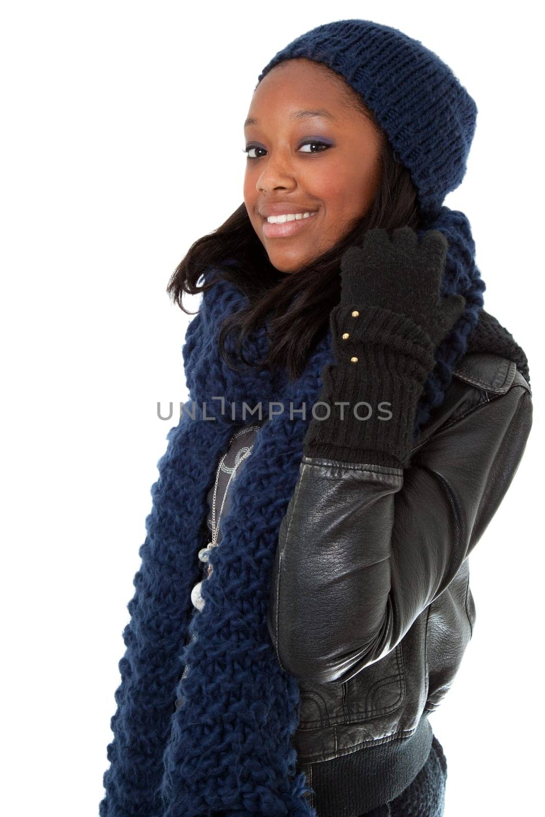 Young african american woman wearing winter dress