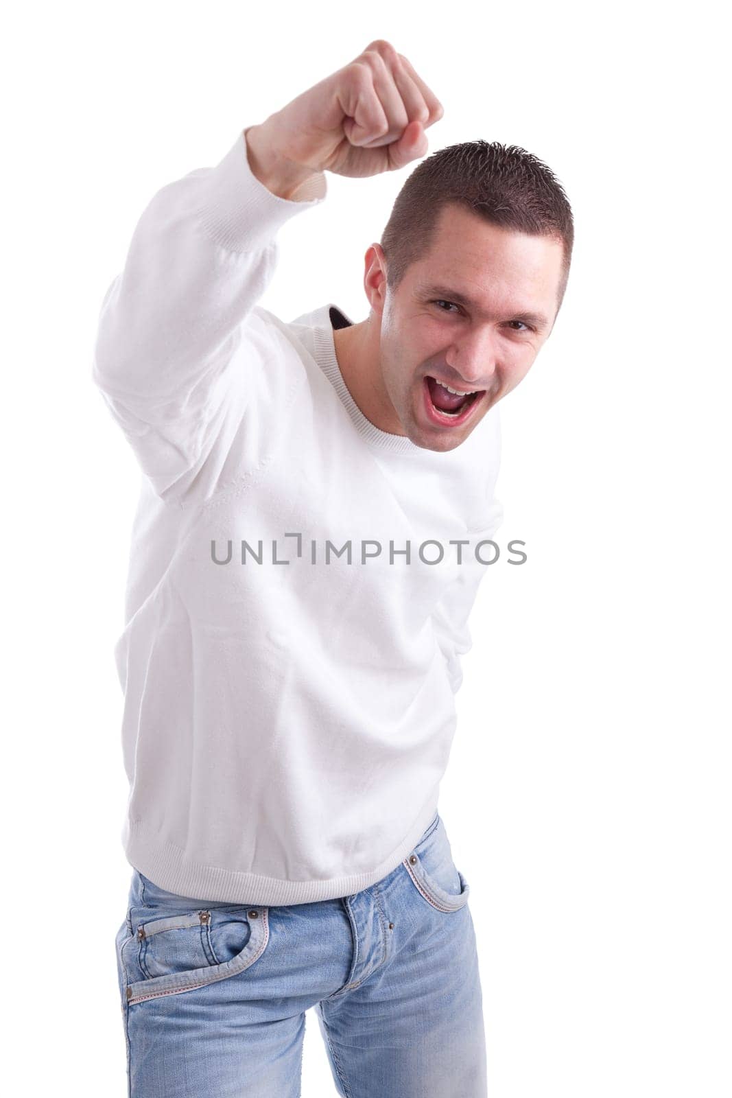 Excited football fan watching sport isolated on white background