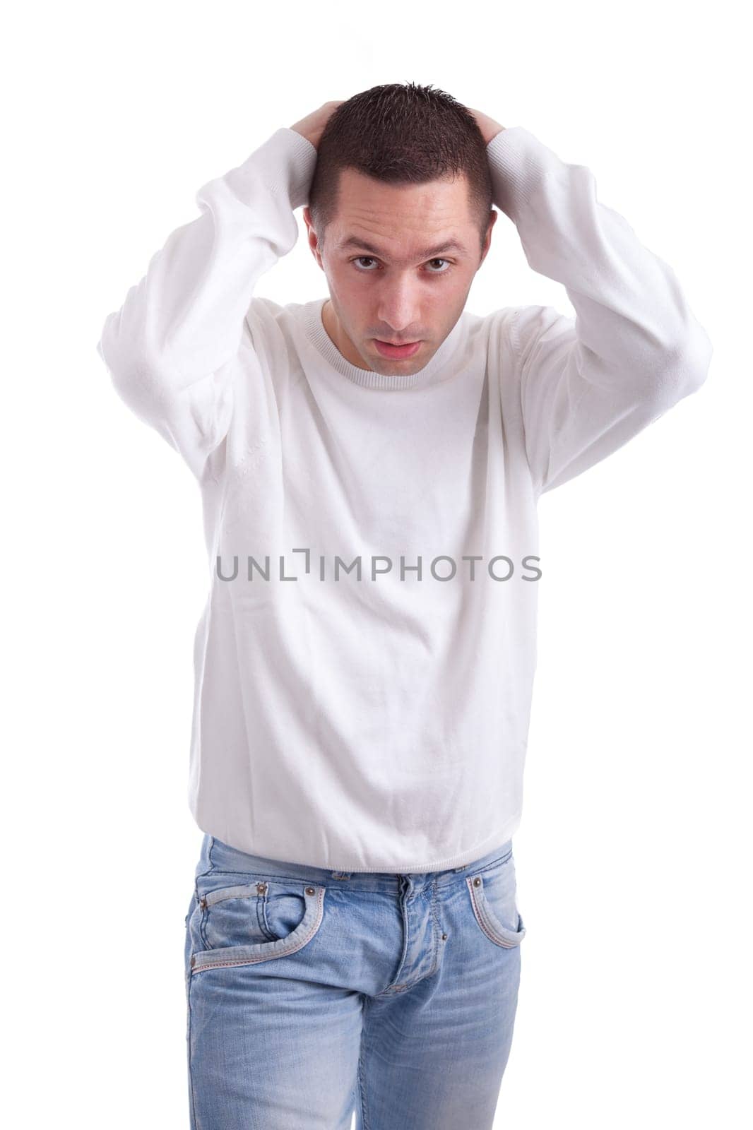 Young sport supporter  holding his head, isolated on white background