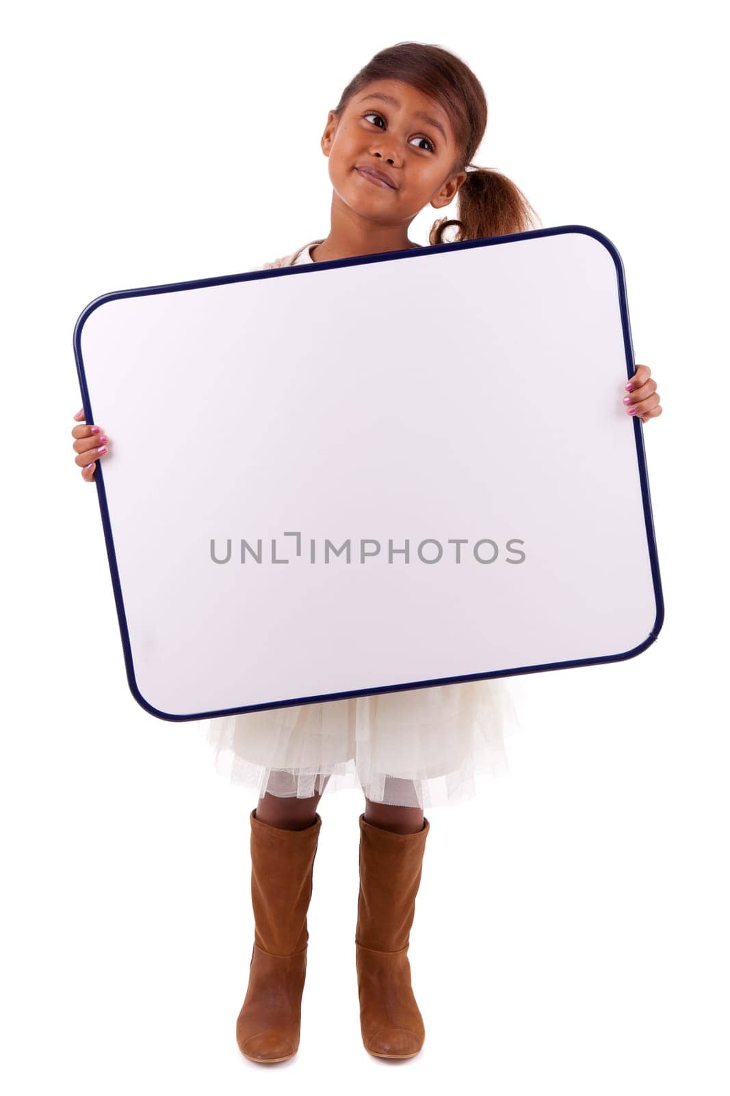 Cute little african american girl holding a whiteboard, isolated on white background