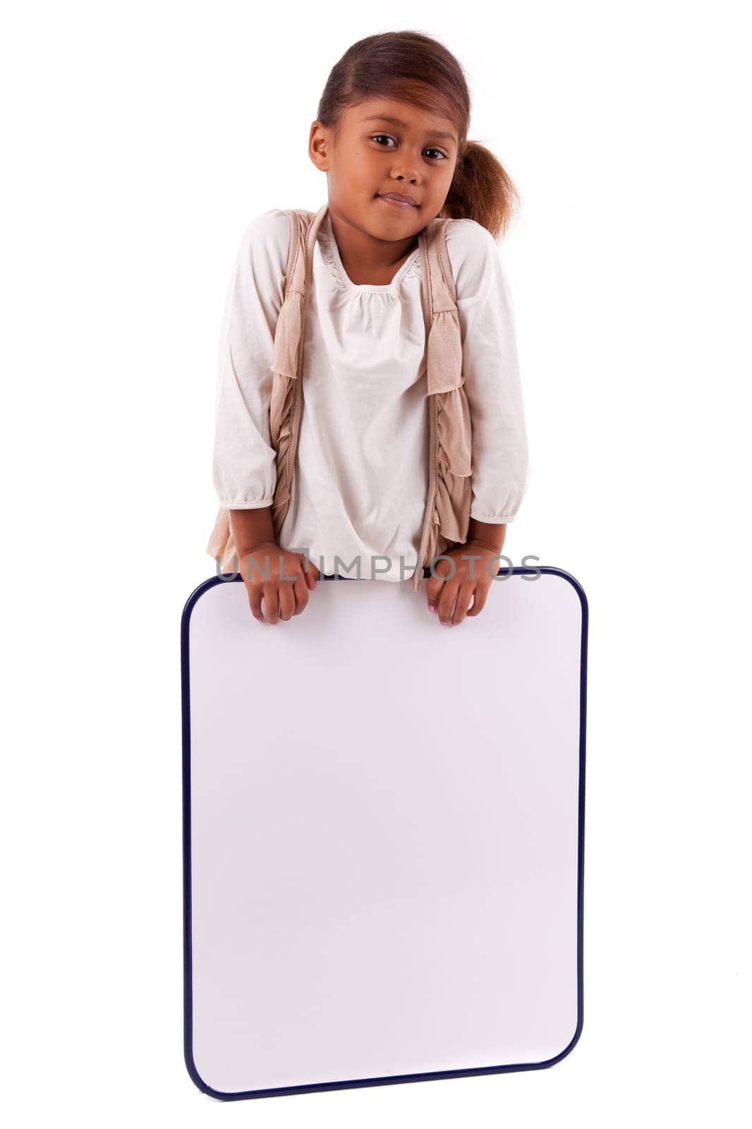 Cute little african american girl holding a whiteboard, isolated on white background