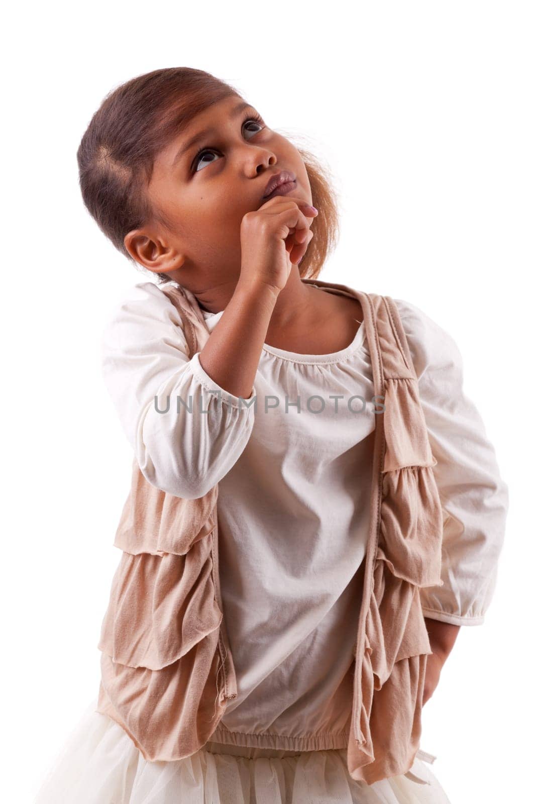 Thoughtful little African Asian girl,  over white background