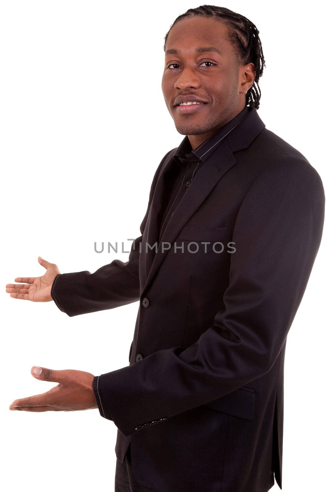 African American Businessman with arm out in a welcoming gesture , isolated on white background