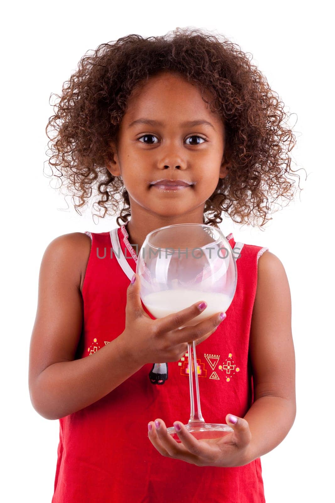Cute little African Asian girl drinking milk,  over white background