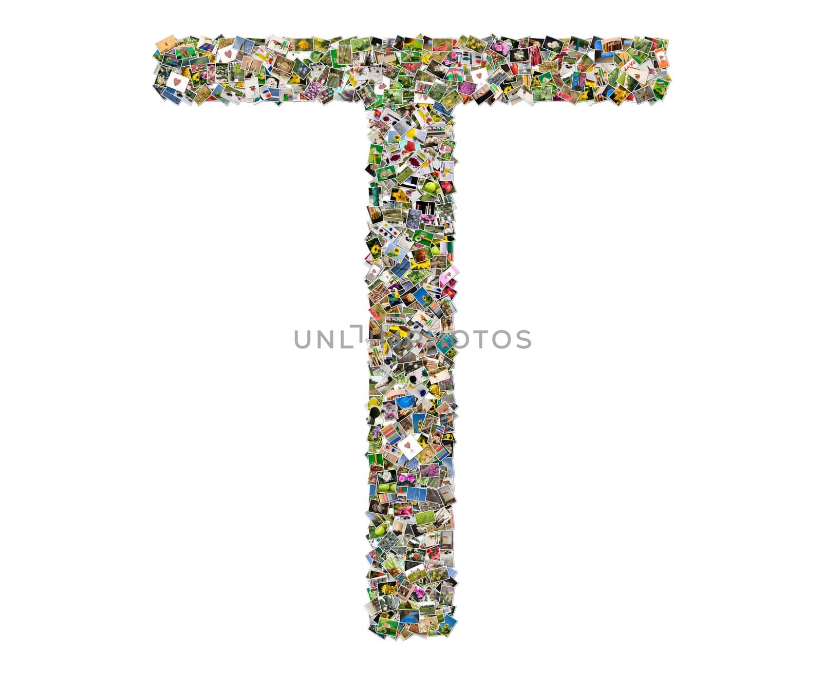 Letter t, photos collage isolated on a white background