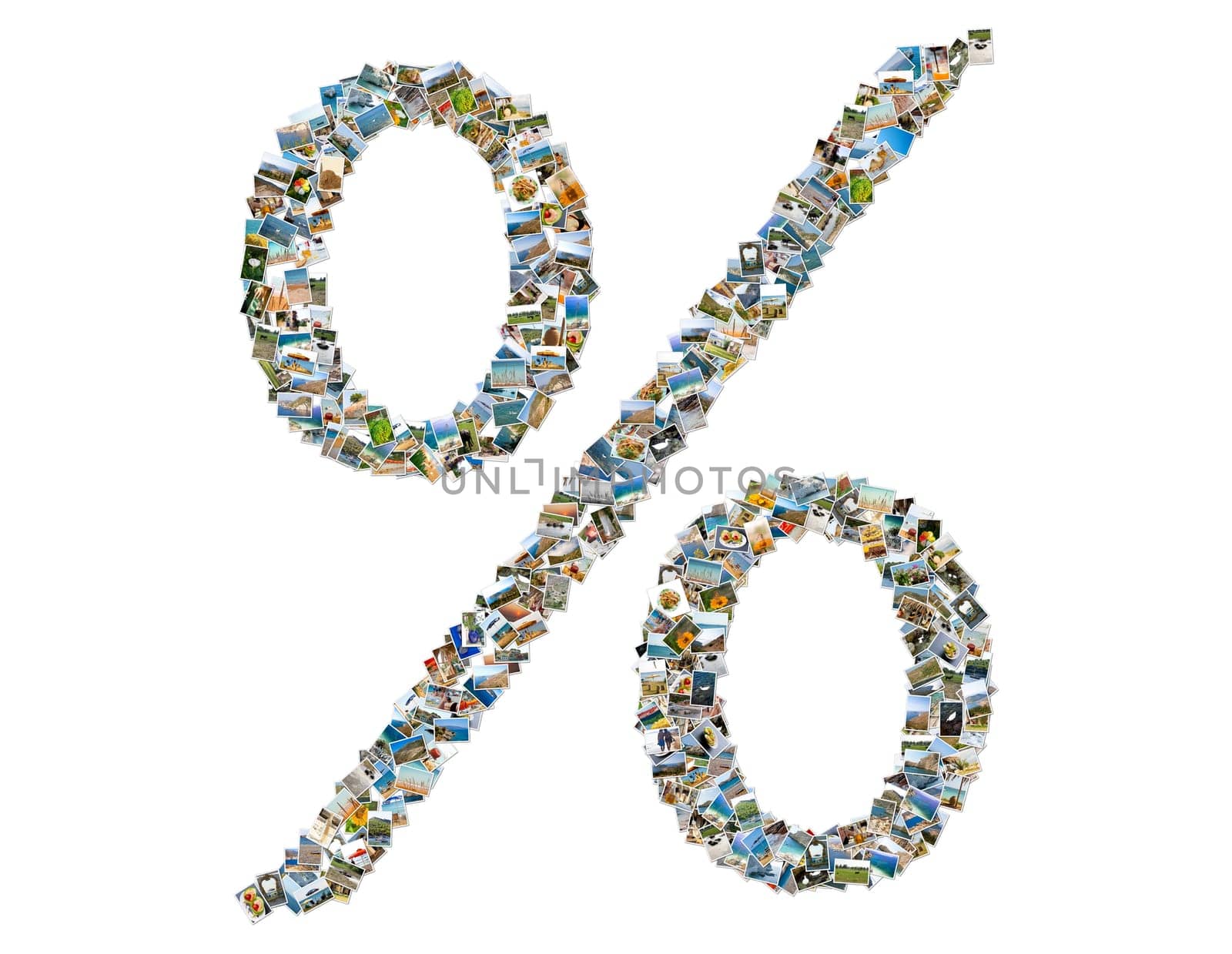 Percentage symbol, photo collage isolated on a white background