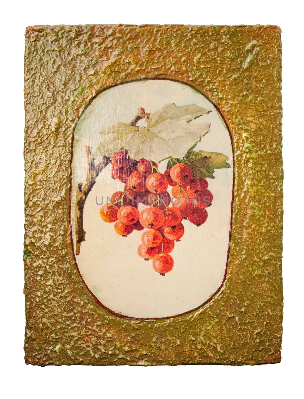 Gold fruit with grape decorated with decoupage om white