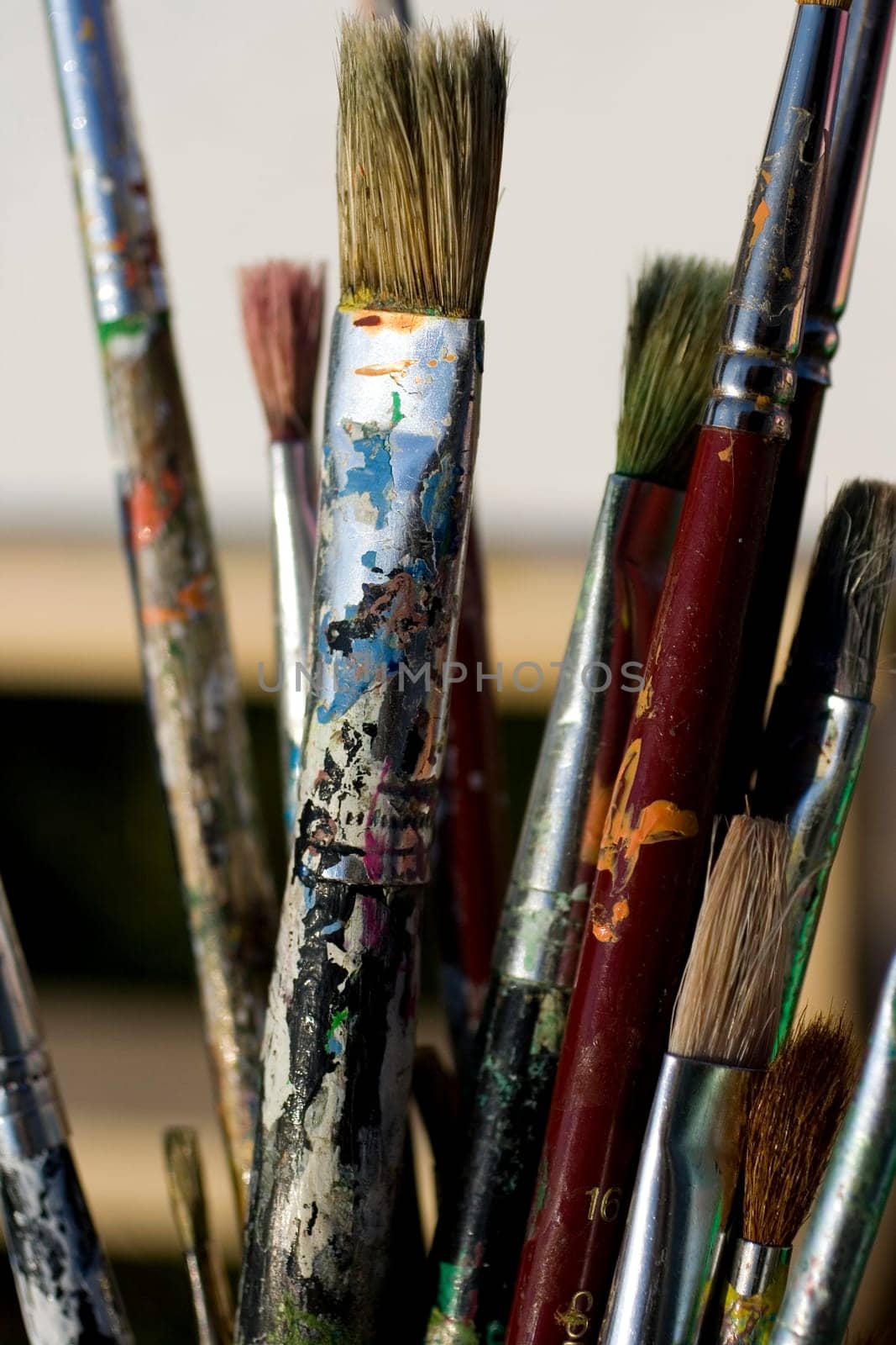 Paintbrushes and painted canvas in the background