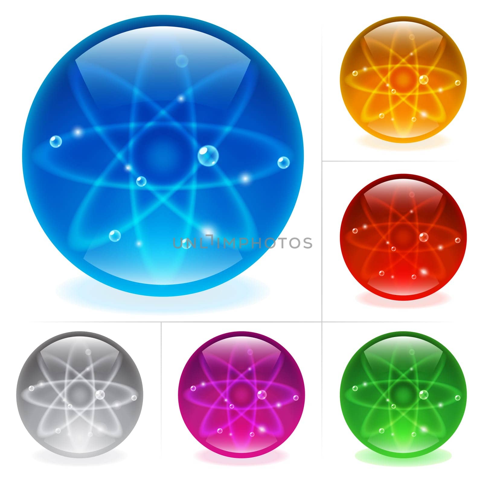 Collection of colorful glossy spheres isolated on white. Science.