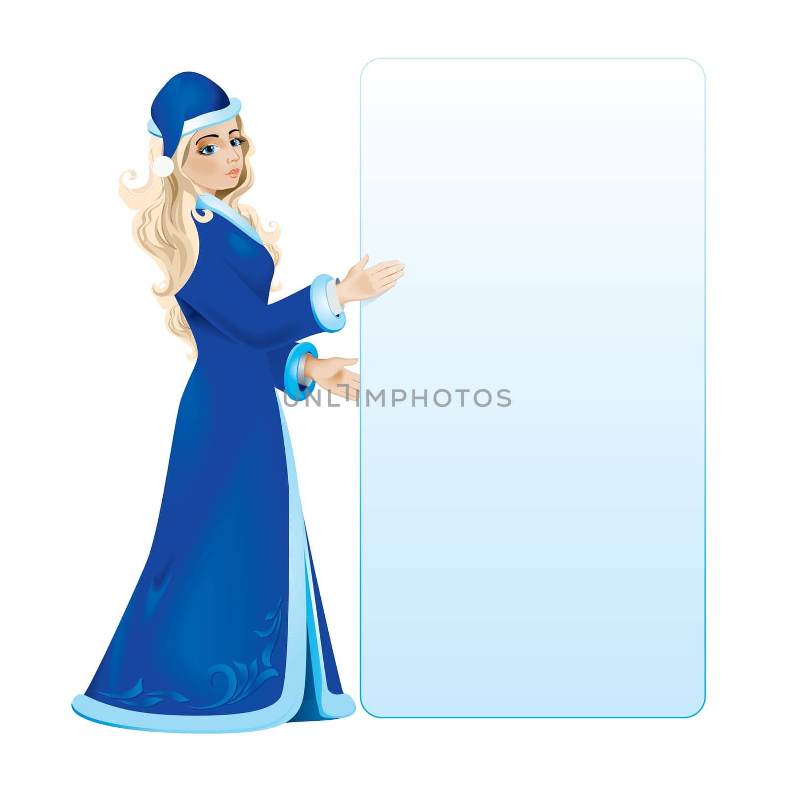 Snow maiden with white blank in a blue coat. Vector illustration on white background
