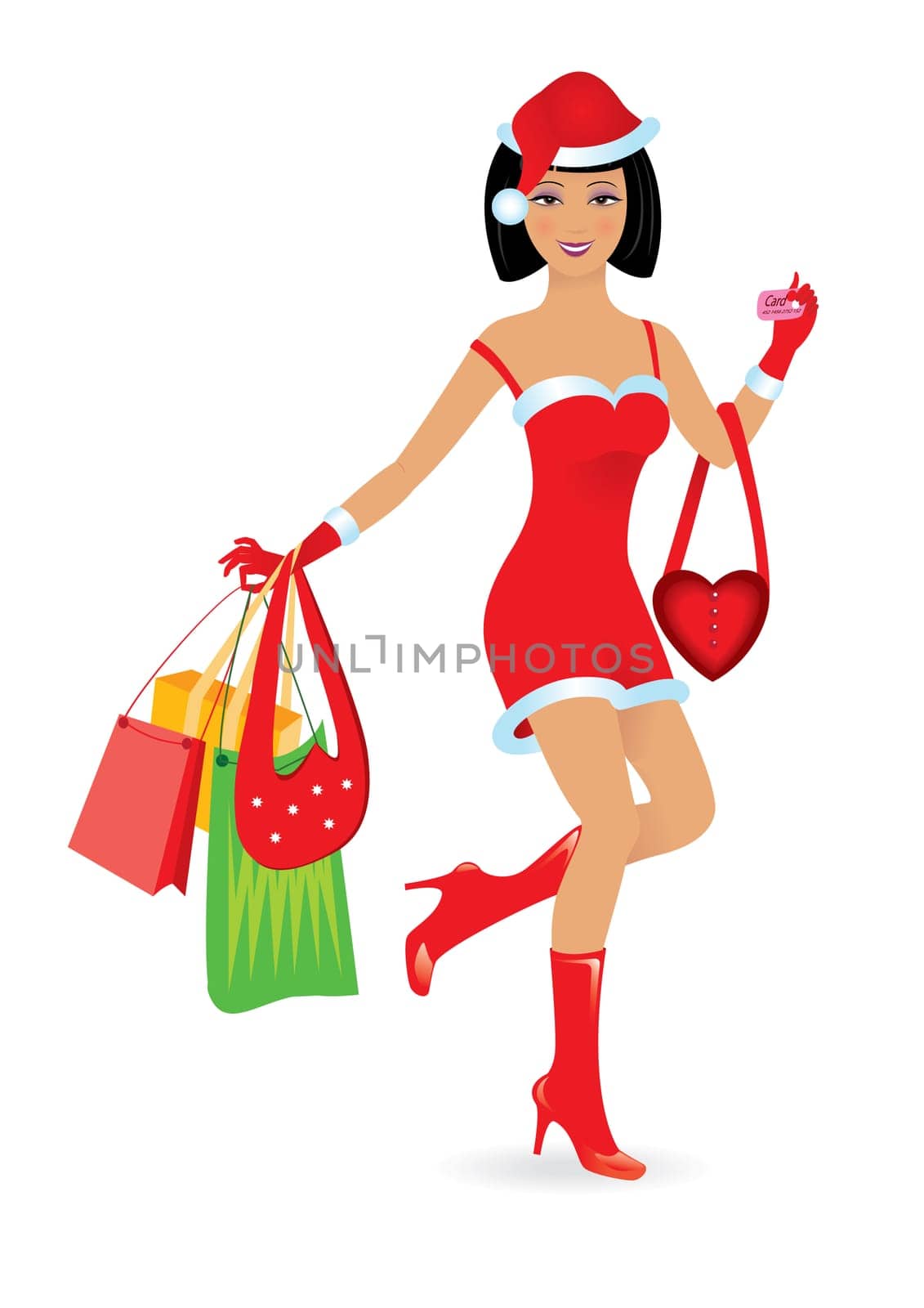 Happy shopping caucasian girl on white background. Vector illustration.