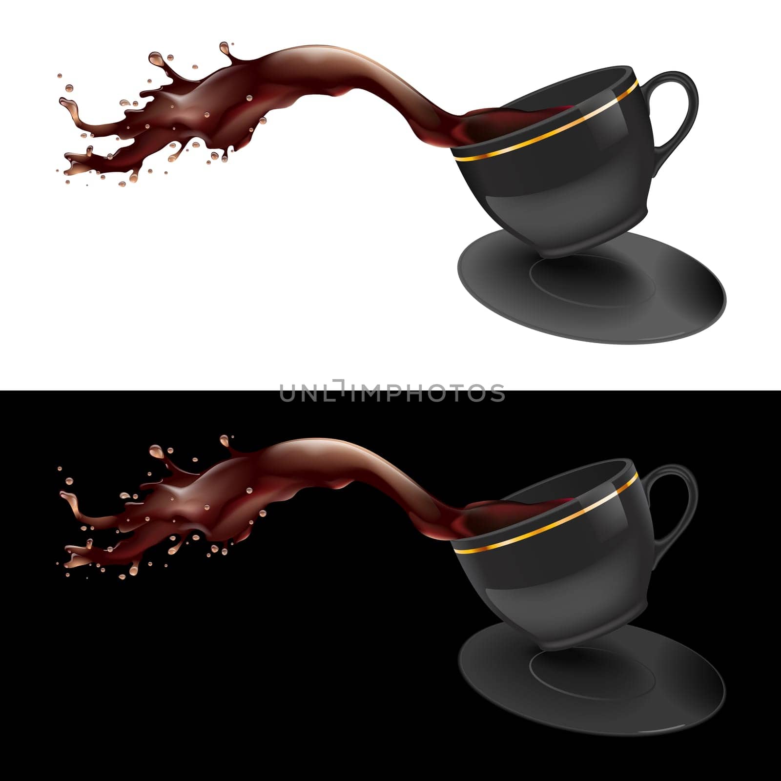 Vector illustration of coffee splashing out of a mug. Black design.