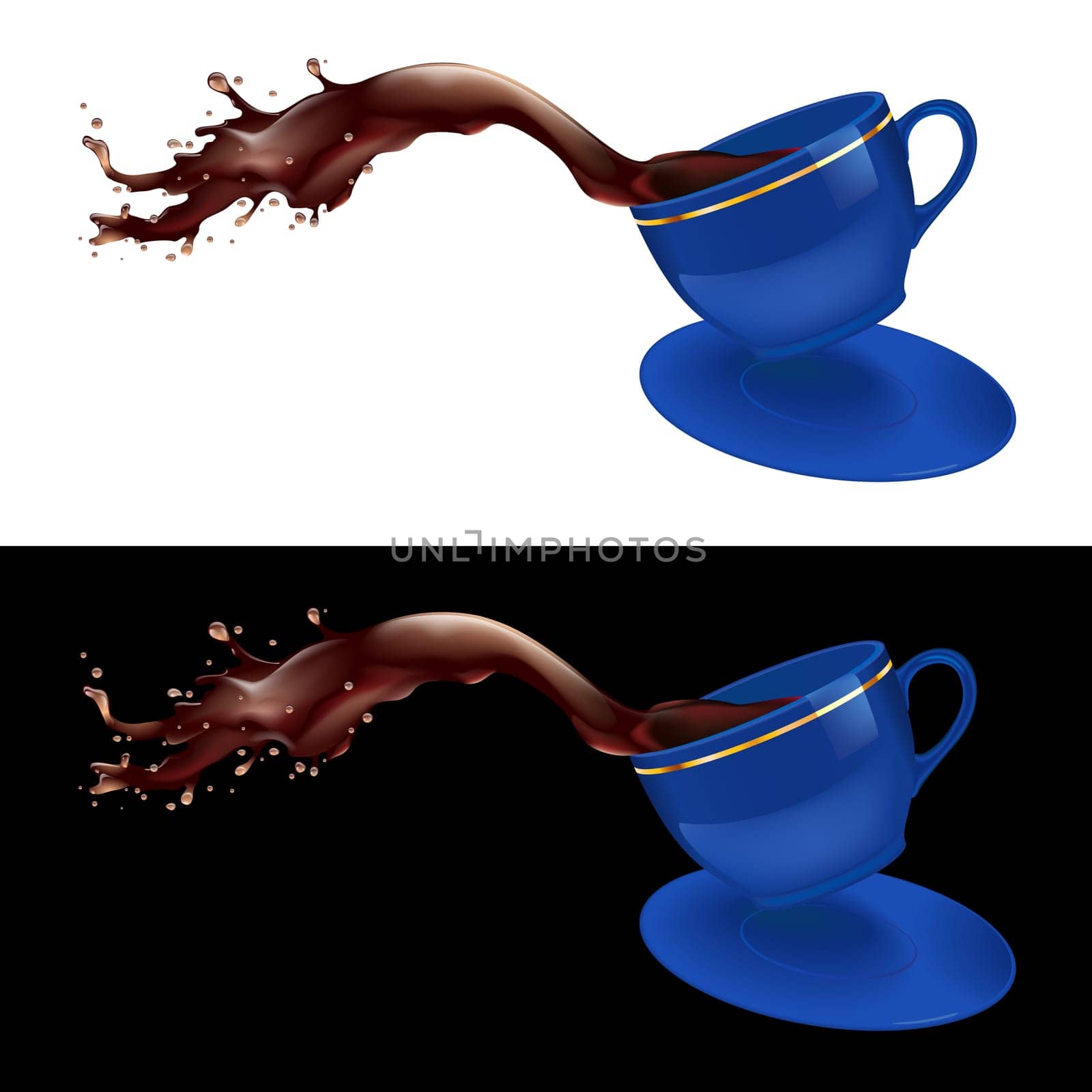 Vector illustration of coffee splashing out of a mug. Blue design.