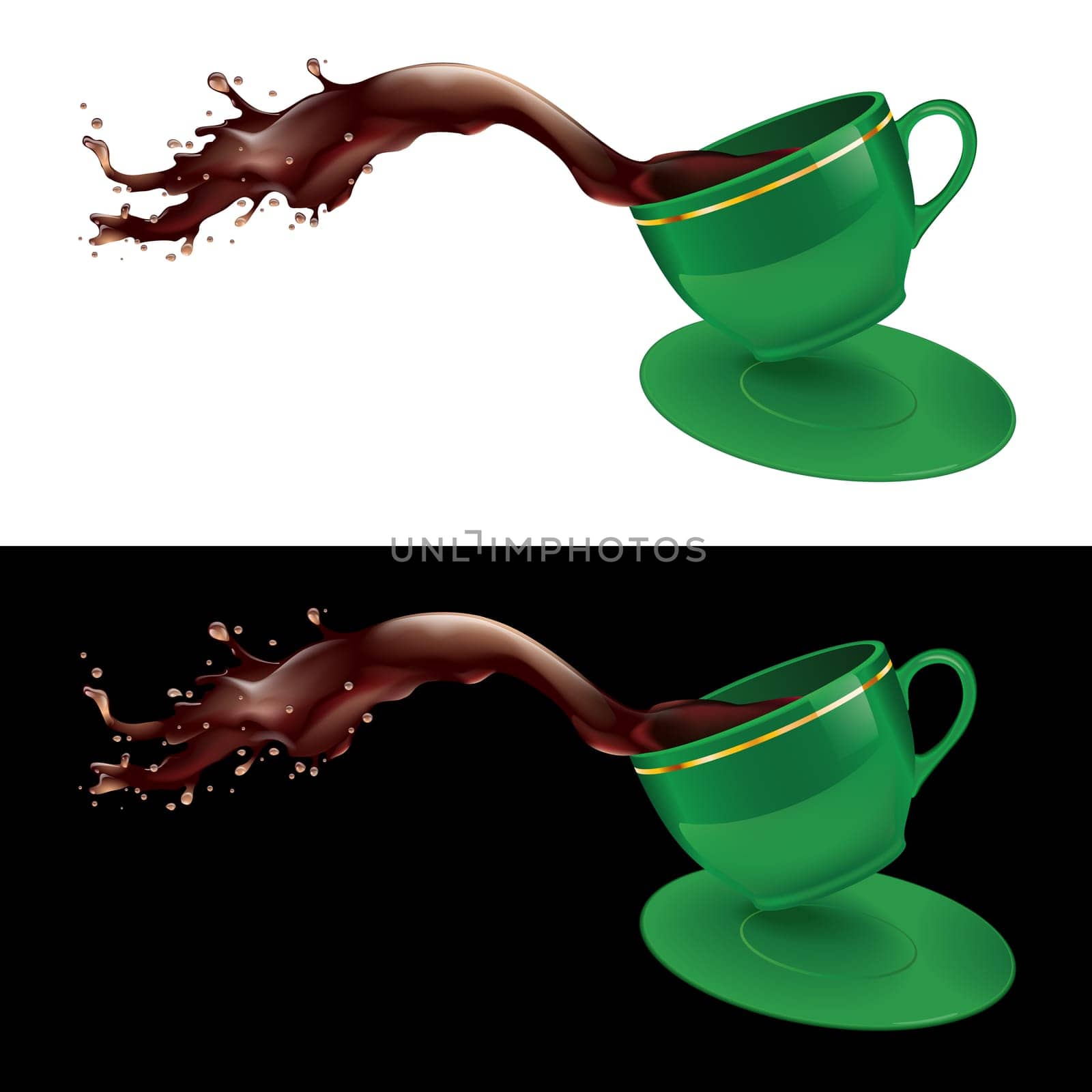 Vector illustration of coffee splashing out of a mug. Green design.