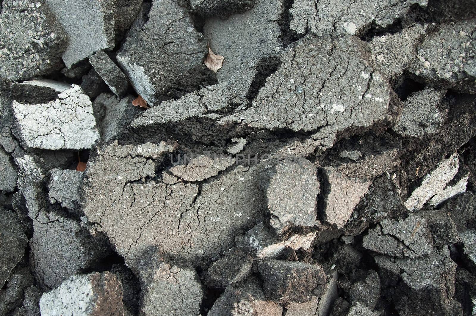 Close up of old black cracked asphalt
