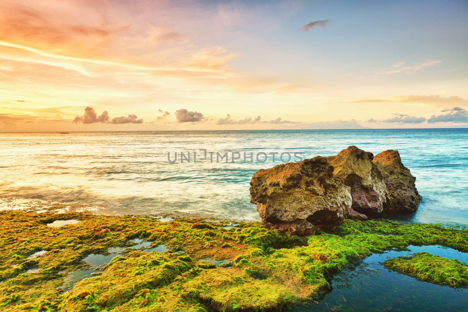 Beautiful seascape. Stone on the foreground. Philippines
